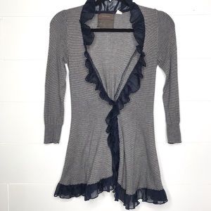 Anthropologie Navy Stripe Cardigan Ruffle Trim
